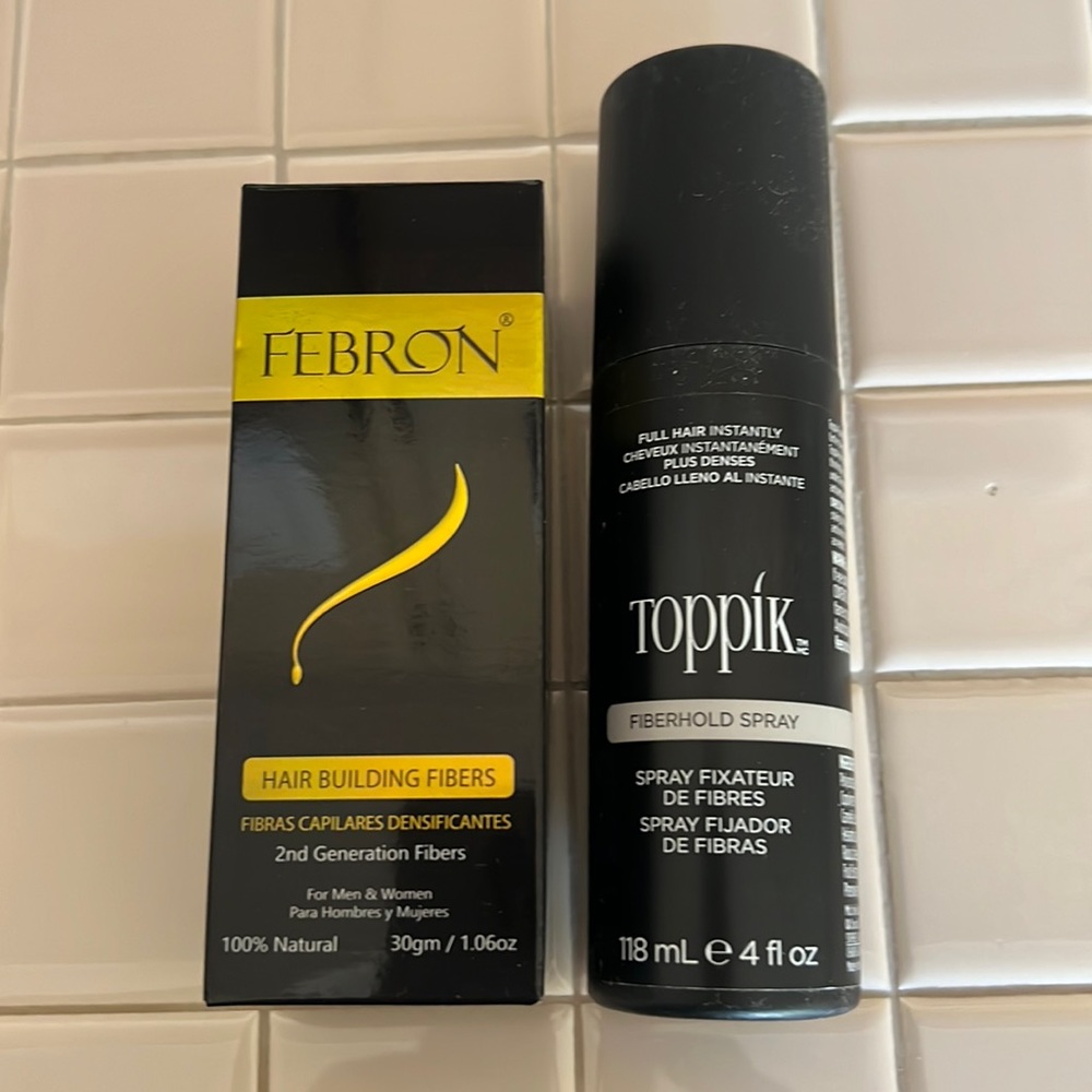 Dark brown hair fiber and hair spray bundle